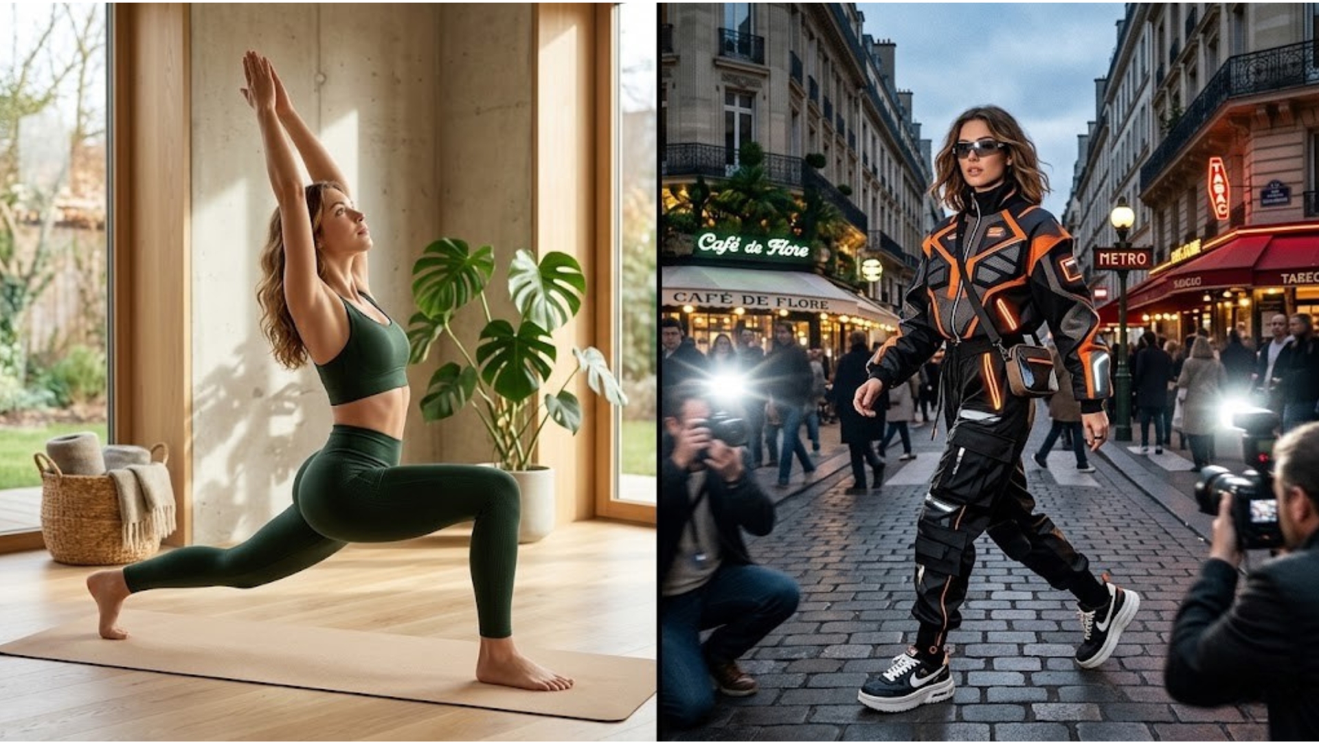 Split visual of AI wellness creator content and AI fashion creator content